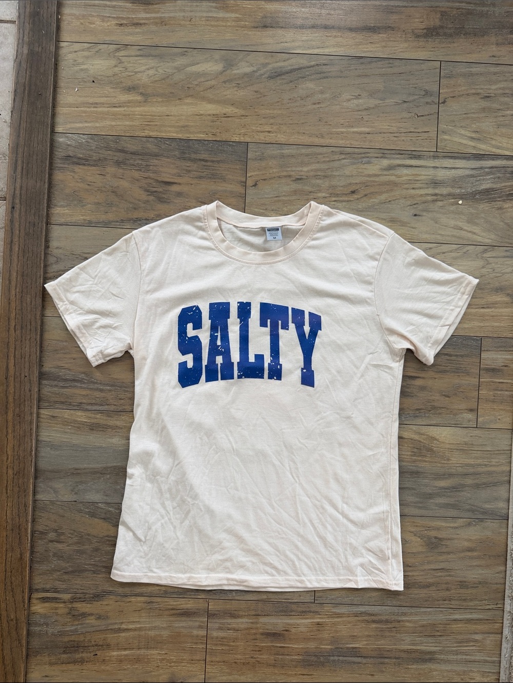 SHEIN Cream Short Sleeve Tee with Blue "SALTY" Graphic